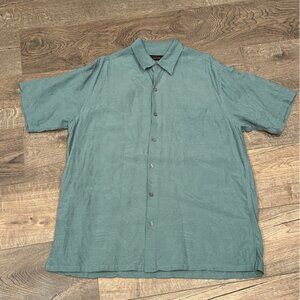 TASSO‎ ELBA 100% Silk Button Up Shirt Sage Green Tropical Print Mens Size Large